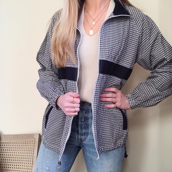 Vintage Gingham Striped Collared Windbreaker Jacket in Navy/White - Picture 1 of 4